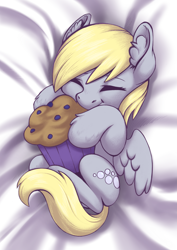Size: 2675x3775 | Tagged: safe, artist:taytinabelle, derpy hooves, pegasus, pony, g4, bed, cute, derpabetes, ear fluff, eyes closed, female, food, happy, high res, hnnng, hoof fluff, hug, lying down, lying on bed, mare, muffin, on back, on bed, small, smiling, snuggling, solo, spread wings, unshorn fetlocks, weapons-grade cute, wings