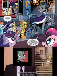 Size: 941x1251 | Tagged: safe, idw, official comic, applejack, fluttershy, king sombra, pinkie pie, rainbow dash, rarity, spike, twilight sparkle, alicorn, dragon, earth pony, pegasus, pony, unicorn, g4, spoiler:comic18, backpack, charles miner, female, good king sombra, idris elba, implied princess celestia, male, mare, meme, stallion, the office, twilight sparkle (alicorn)