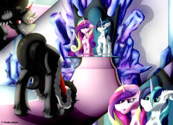 Size: 3426x2476 | Tagged: safe, artist:thebenalpha, part of a set, king sombra, princess cadance, shining armor, alicorn, pony, unicorn, g4, alternate universe, bowing, crystal empire, high res, ryoku verse, story included, throne, throne room