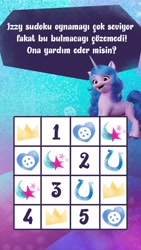 Size: 828x1472 | Tagged: safe, izzy moonbow, pony, unicorn, g5, my little pony: a new generation, official, blue background, button, crown, heart, horseshoes, instagram, instagram story, jewelry, looking at you, numbers, purple background, regalia, shooting star, simple background, smiling, smiling at you, sudoku, translated in the description, turkey (country), turkish, vertical