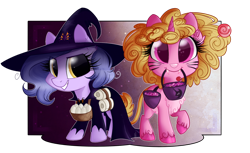 Size: 1280x782 | Tagged: safe, artist:lolepopenon, oc, oc only, oc:billie, oc:curly cue, earth pony, pony, unicorn, candy, clothes, cute, duo, egg, fangs, female, filly, foal, food, halloween, hat, holiday, lollipop, nightmare night symbol, simple background, toilet paper, transparent background, witch costume, witch hat