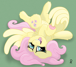 Size: 1676x1489 | Tagged: safe, artist:doodledonutart, fluttershy, pegasus, pony, g4, belly fluff, cheek fluff, chest fluff, colored underhoof, cute, elbow fluff, female, floppy ears, fluffy, frog (hoof), heart, hoof fluff, hoof heart, leg fluff, looking at you, looking up, looking up at you, lying down, mare, on back, open mouth, open smile, shyabetes, smiling, smiling at you, solo, spread wings, textured background, underhoof, wing hands, wings
