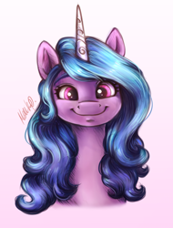 Size: 1224x1610 | Tagged: safe, artist:buttersprinkle, izzy moonbow, pony, unicorn, g5, my little pony: a new generation, bust, cute, female, gradient background, izzybetes, looking at you, mare, simple background, smiling, smiling at you, solo