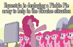 Size: 2896x1853 | Tagged: safe, edit, edited screencap, editor:notxweeb, screencap, pinkie pie, earth pony, pony, g4, too many pinkie pies, bipedal, clone, current events, meme, open arms, photo, ukraine, war, watermark