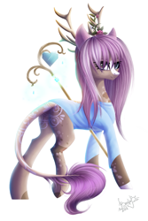 Size: 895x1342 | Tagged: safe, artist:bastet-catmew, oc, earth pony, pony, antlers, female, mare, simple background, solo, staff, white background