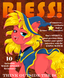 Size: 3000x3600 | Tagged: safe, artist:always inspired by flying, oc, oc:cinnamon swirl, pony, unicorn, cloak, clothes, ear piercing, earring, engagement ring, hat, high res, horn, horn ring, jewelry, looking at you, looking back, magazine, magazine cover, rear view, witch, witch hat