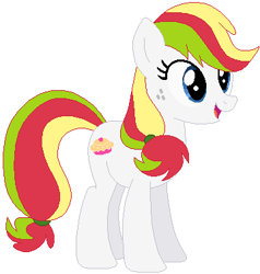 Size: 359x377 | Tagged: safe, artist:selenaede, artist:user15432, coconut cream, earth pony, pony, g4, base used, female, freckles, full body, hooves, mare, multicolored mane, multicolored tail, open mouth, open smile, simple background, smiling, solo, standing, tail, white background