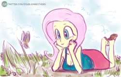 Size: 800x511 | Tagged: safe, artist:doublewbrothers, fluttershy, butterfly, equestria girls, g4, breasts, cleavage, cute, feet, female, looking at each other, looking at someone, lying down, nature, prone, sandals, shyabetes, solo, the pose