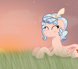Size: 4000x3580 | Tagged: safe, artist:nitlynjane, cozy glow, pegasus, pony, g4, a better ending for cozy, blushing, bow, butt freckles, cloud, cozy glow's bow, cozybetes, cute, eyes closed, female, floppy ears, folded wings, freckles, grass, grass field, hair bow, high res, lying down, mare, older, older cozy glow, op hates this image, prone, quality, smiling, solo, starry sky, sunset, wings