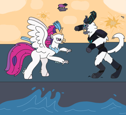 Size: 2669x2448 | Tagged: safe, artist:supahdonarudo, queen novo, storm king, classical hippogriff, hippogriff, yeti, my little pony: the movie, airship, cloud, explosion, fight, godzilla vs kong, ocean, rearing, showdown, water, wave