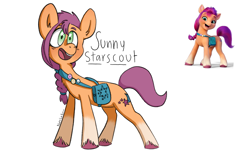 Size: 2560x1600 | Tagged: safe, artist:nattlaemo, sunny starscout, earth pony, pony, g5, my little pony: a new generation, bag, braid, coat markings, fanart, female, full body, high res, hooves, mare, open mouth, open smile, satchel, signature, simple background, smiling, socks (coat markings), solo, standing, tail, unshorn fetlocks, white background