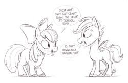Size: 943x612 | Tagged: safe, artist:mellodillo, apple bloom, scootaloo, earth pony, pegasus, pony, g4, dialogue, female, filly, foal, grayscale, implied cannibalism, implied snips, monochrome, simple background, sketch, speech bubble, white background