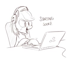 Size: 873x737 | Tagged: safe, artist:mellodillo, oc, oc only, earth pony, pony, computer, grayscale, headphones, laptop computer, monochrome, open mouth, open smile, simple background, sketch, smiling, solo, white background