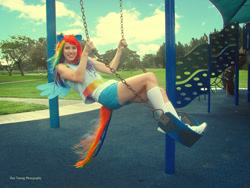 Size: 960x720 | Tagged: safe, artist:megancoffey, rainbow dash, human, g4, 2014, clothes, cosplay, costume, irl, irl human, multicolored hair, photo, rainbow hair, shorts, solo, swing