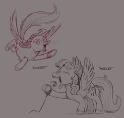 Size: 908x863 | Tagged: safe, artist:mellodillo, medley, whizzer, pegasus, pony, g1, duo, eyes closed, female, flying, gray background, mare, microphone, simple background, singing, sketch