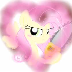 Size: 4096x4096 | Tagged: safe, artist:tiga mega, fluttershy, pegasus, pony, .mov, shed.mov, g4, chainsaw, female, heart, looking at you, mare, simple background, smiling, smiling at you, solo, white background, wings