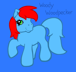 Size: 666x628 | Tagged: safe, artist:mlpfanboy579, bird, earth pony, pony, woodpecker, g3, blue background, blue tail, crossover, full body, green eyes, hooves, male, ponified, raised hoof, raised leg, red hair, red mane, simple background, smiling, solo, stallion, standing, tail, the new woody woodpecker show, woody woodpecker