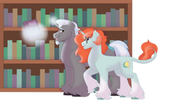 Size: 1280x732 | Tagged: safe, artist:itstechtock, oc, oc only, oc:polished lance, oc:starfire, classical unicorn, pony, unicorn, book, bookshelf, cloven hooves, horn, leonine tail, magic, male, simple background, stallion, transparent background, unshorn fetlocks