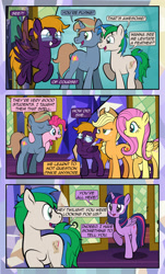 Size: 1920x3169 | Tagged: safe, artist:alexdti, applejack, fluttershy, pinkie pie, twilight sparkle, oc, oc:brainstorm (alexdti), oc:purple creativity, oc:star logic, alicorn, earth pony, pegasus, pony, unicorn, comic:quest for friendship, g4, applejack is not amused, comic, dialogue, eyes closed, female, flying, folded wings, glasses, grin, high res, hooves, horn, looking at each other, looking at someone, looking back, male, mare, open mouth, open smile, pegasus oc, ponytail, raised hoof, raised leg, shadow, smiling, speech bubble, spread wings, stallion, standing, tail, twilight sparkle (alicorn), twilight's castle, two toned mane, two toned tail, unamused, unicorn oc, wings