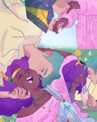 Size: 932x1165 | Tagged: safe, artist:edgiest_jazzy, hitch trailblazer, pipp petals, human, g5, my little pony: a new generation, adorapipp, blushing, cheek kiss, clothes, dark skin, dessert, female, food, hand, hitchbetes, humanized, kissing, laughing, lipstick, male, open mouth, ship:pitch, shipping, straight, sundae, sunglasses