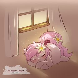 Size: 1200x1200 | Tagged: safe, artist:cold-blooded-twilight, oc, oc only, oc:kayla, pony, blushing, commission, eyes closed, female, filly, flower, flower in hair, flower in tail, foal, scrunchie, sleeping, solo, sunlight, tail, window
