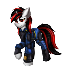 Size: 4719x5000 | Tagged: safe, artist:flapstune, oc, oc only, oc:blackjack, pony, unicorn, fallout equestria, fallout equestria: project horizons, clothes, fanfic art, female, horn, jumpsuit, looking at you, mare, pipbuck, simple background, small horn, solo, transparent background, vault security armor, vault suit