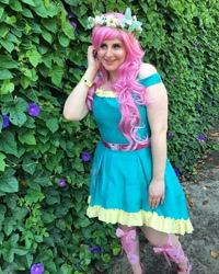 Size: 1080x1350 | Tagged: safe, artist:sweetalissum, fluttershy, human, equestria girls, g4, clothes, cosplay, costume, dress, floral head wreath, flower, irl, irl human, photo, solo