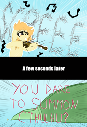 Size: 2742x4000 | Tagged: safe, artist:justapone, oc, oc only, oc:orange cream, pony, colored, colored sketch, comic, cthulhu, dialogue, discord shenanigans, female, gritted teeth, macro, mare, musical instrument, playing instrument, screech, simple background, solo, summoning, violin