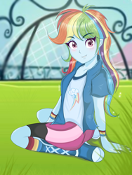 Size: 1536x2048 | Tagged: safe, artist:namieart, rainbow dash, equestria girls, g4, anime style, bracelet, clothes, cute, dashabetes, female, jacket, jewelry, looking at you, smiling, soccer field, solo