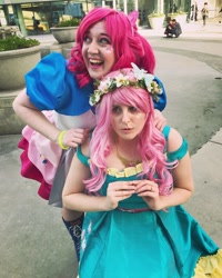 Size: 1080x1350 | Tagged: safe, artist:sweetalissum, kotobukiya, fluttershy, pinkie pie, human, g4, clothes, cosplay, costume, floral head wreath, flower, irl, irl human, open mouth, photo