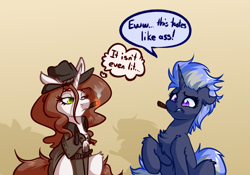 Size: 4000x2800 | Tagged: safe, artist:witchtaunter, oc, oc only, pony, unicorn, annoyed, chest fluff, cigar, clothes, comic, commission, confused, ear fluff, female, floppy ears, gradient background, hat, lidded eyes, shoulder fluff, speech bubble, trenchcoat
