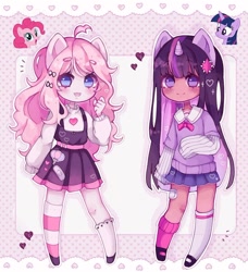 Size: 1080x1183 | Tagged: safe, artist:yo_akame, pinkie pie, twilight sparkle, human, unicorn, g4, bandaid, chibi, clothes, cute, dark skin, detailed background, ears up, female, hairpin, heart, horn, horned humanization, humanized, kneesocks, looking at you, pleated skirt, shoes, skirt, socks, sparkles, sweater vest, twiabetes