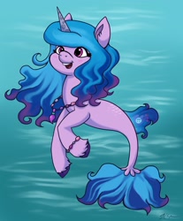 Size: 1692x2048 | Tagged: safe, artist:catscratchpaper, izzy moonbow, seapony (g4), unicorn, g5, blue mane, blue tail, blushing, cute, dorsal fin, female, fish tail, flowing mane, hilarious in hindsight, horn, izzybetes, jewelry, mare, necklace, ocean, open mouth, open smile, pink eyes, seaponified, seapony izzy moonbow, shoo be doo, signature, smiling, solo, species swap, swimming, tail, teeth, underwater, unshorn fetlocks, water