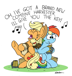 Size: 2340x2480 | Tagged: safe, artist:bobthedalek, applejack, rainbow dash, earth pony, pegasus, pony, g4, atop the fourth wall, banjo, cider, combine harvester, duo, eyes closed, female, high res, linkara, mare, musical instrument, open mouth, simple background, singing, song reference, tankard, the wurzels, white background