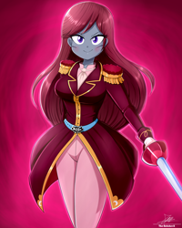 Size: 2420x3022 | Tagged: safe, artist:the-butch-x, oc, oc only, oc:selune darkeye, equestria girls, g4, body markings, clothes, cookie run, cookie run kingdom, cosplay, costume, cute, equestria girls-ified, female, female oc, fencing, high res, looking at you, markings, rapier, redhead, regal, smiling, smiling at you, solo, sword, weapon