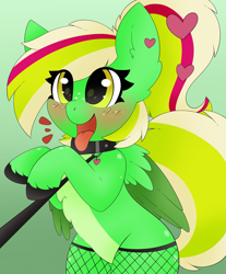 Size: 1699x2048 | Tagged: safe, artist:pegamutt, oc, oc only, oc:gumdrops, pegasus, pony, behaving like a dog, chest fluff, collar, colored wings, commission, emanata, eye clipping through hair, fishnet stockings, heart, leash, panting, solo, tongue out, two toned wings, wings, ych result
