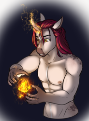 Size: 663x902 | Tagged: safe, artist:blackblood-queen, oc, oc only, oc:victor quartz, unicorn, anthro, unguligrade anthro, abs, alternate universe, anthro oc, clothes, curved horn, digital art, glowing, glowing horn, horn, magic, male, pants, partial nudity, simple background, solo, stallion, topless, unicorn oc