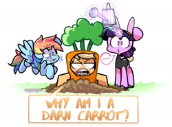 Size: 2017x1489 | Tagged: safe, artist:sourspot, applejack, rainbow dash, twilight sparkle, earth pony, pegasus, pony, unicorn, ..., applejack is not amused, bunny ears, carrot, carrot costume, clothes, costume, easter, easter bunny, food, food costume, holiday, lip bite, open mouth, simple background, speech bubble, stifling laughter, teary eyes, unamused, unicorn twilight, watering can, white background