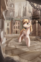 Size: 2000x3000 | Tagged: safe, artist:musical ray, oc, oc only, pegasus, pony, detailed background, high res, manehattan, solo, sword, wasteland, weapon