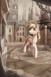 Size: 2000x3000 | Tagged: safe, artist:musical ray, oc, oc only, pegasus, pony, detailed background, high res, manehattan, ruined city, ruins, solo, sword, wasteland, weapon