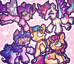 Size: 1751x1508 | Tagged: safe, artist:toaestt, hitch trailblazer, izzy moonbow, pipp petals, sunny starscout, zipp storm, earth pony, pegasus, pony, unicorn, g5, my little pony: a new generation, flying, group, mane five, open mouth, smiling, starry eyes, wingding eyes, wings