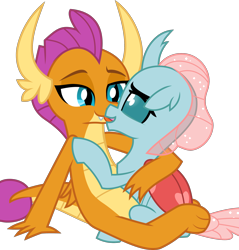 Size: 2314x2418 | Tagged: safe, artist:don't mind me, derpibooru exclusive, ocellus, smolder, changedling, changeling, dragon, g4, changeling x dragon, dragoness, female, high res, horns, hug, interspecies, kissing, lesbian, ship:smolcellus, shipping, show accurate, simple background, sitting, transparent background, wings