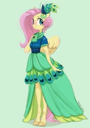 Size: 655x931 | Tagged: safe, artist:melodylibris, fluttershy, pegasus, anthro, unguligrade anthro, g4, aside glance, blushing, clothes, cute, dress, female, gala dress, green background, hair accessory, looking at you, mare, shyabetes, simple background, smiling, solo, standing, wings