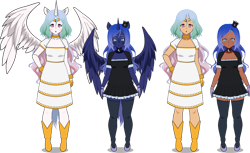 Size: 1024x626 | Tagged: safe, artist:phasmology, princess celestia, princess luna, human, anthro, plantigrade anthro, g4, boots, bracelet, choker, circlet, clothes, detached sleeves, dress, duo, gloves, gradient hair, humanized, jewelry, kisekae, moderate dark skin, shoes, simple background, standing, transparent background