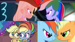 Size: 3416x1920 | Tagged: safe, edit, edited screencap, screencap, applejack, rainbow dash, earth pony, pegasus, pony, cotton candy-colored glasses, equestria girls, fall weather friends, g4, g4.5, my little pony equestria girls: summertime shorts, my little pony: pony life, raise this roof, season 1, applejack's hat, bare shoulders, cowboy hat, duo, duo female, fall formal outfits, female, hat, looking at each other, looking at someone, mare, sleeveless, smiling, strapless