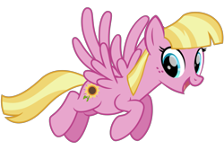 Size: 1621x1080 | Tagged: safe, meadow flower, pegasus, pony, g4, background pony, blonde hair, blonde mane, blue eyes, female, flower, flying, freckles, happy, mare, pink coat, simple background, smiling, solo, sunflower, transparent background