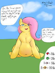 Size: 4724x6213 | Tagged: safe, artist:magicghostslime, fluttershy, pegasus, pony, series:fluttershy wg drive, absurd resolution, belly, belly button, big belly, dialogue, duo, duo female, fat, fattershy, female, first person view, implied rainbow dash, incentive drive, looking at you, mare, note expansion, offscreen character, open mouth, open smile, outdoors, pov, sitting, smiling, solo focus, speech bubble, this will end in weight gain