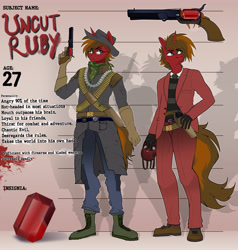 Size: 5151x5401 | Tagged: safe, artist:fiyawerks, oc, oc only, oc:uncut ruby, anthro, fallout equestria, grand theft auto, gun, handgun, reference sheet, revolver, solo