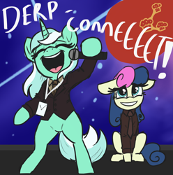 Size: 2500x2520 | Tagged: safe, artist:t72b, bon bon, lyra heartstrings, sweetie drops, earth pony, pony, unicorn, g4, april fools, april fools 2022, bipedal, bitconnect, clothes, crypto, eyes closed, female, floppy ears, grin, high res, hoof hold, mare, meme, necktie, nervous, nervous smile, open mouth, ponified, ponified meme, sitting, smiling, suit