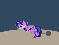 Size: 1000x750 | Tagged: safe, artist:changeling47, twilight sparkle, alicorn, pony, unicorn, g4, angry, asphyxiation, ball and chain, bondage, cloth gag, damsel in distress, distressed, drowning, gag, horn, horn ring, key, magic suppression, ring, sinking, solo, struggling, tied up, twilight sparkle (alicorn), underwater